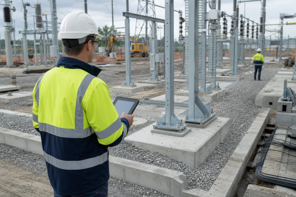 Site supervision with a tablet at a substation construction site