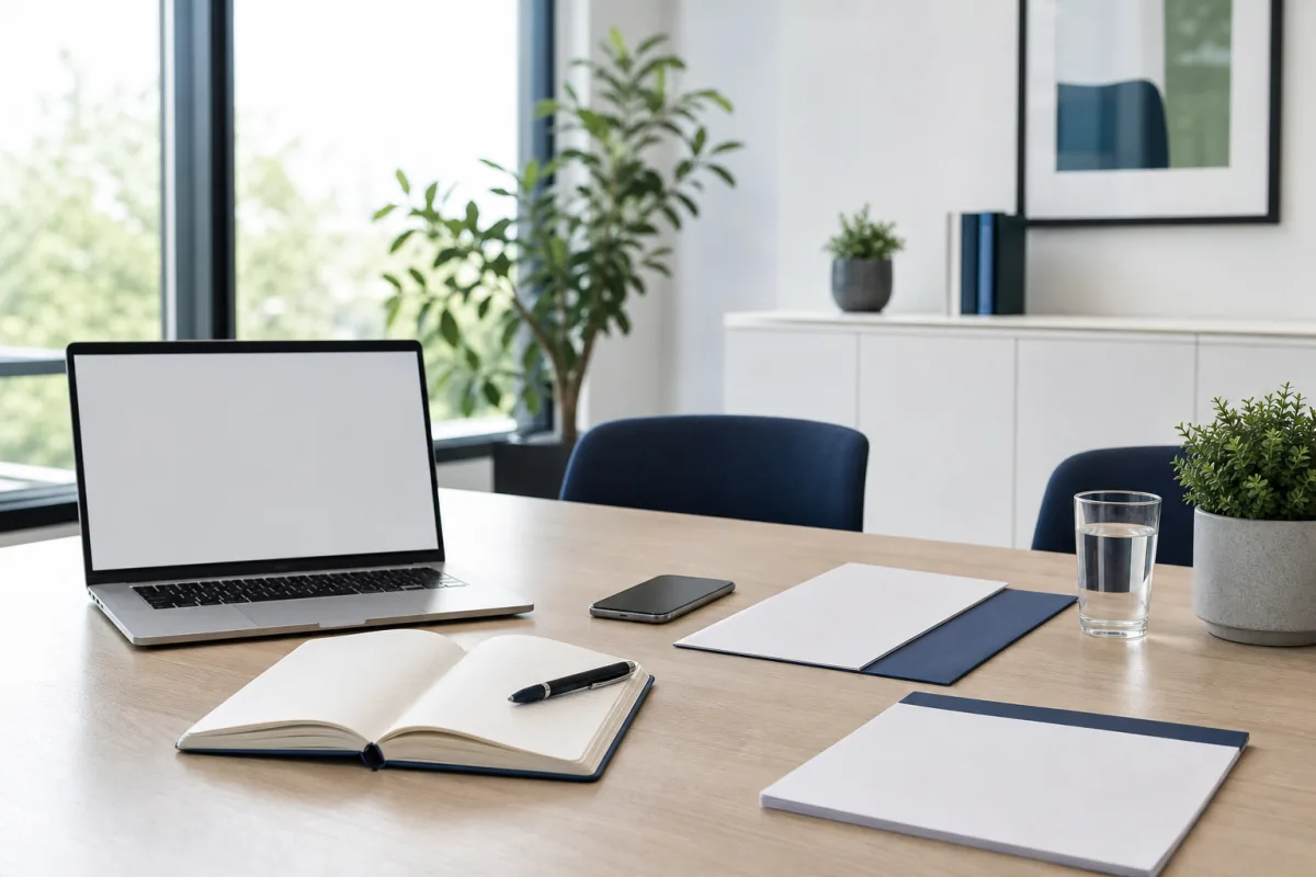 Geschützter Arbeitsplatz mit geordneten Dokumenten und digitalen Arbeitsmitteln