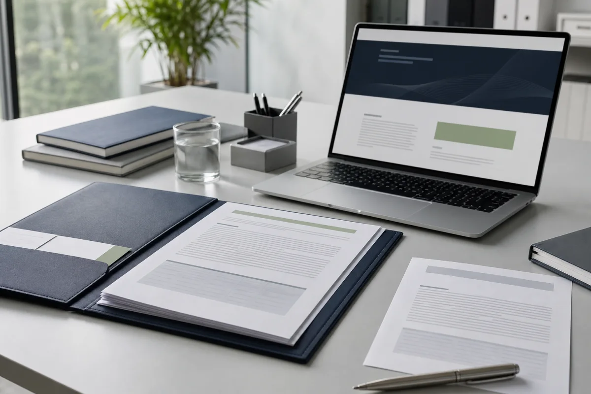Professional workspace with organized company documents