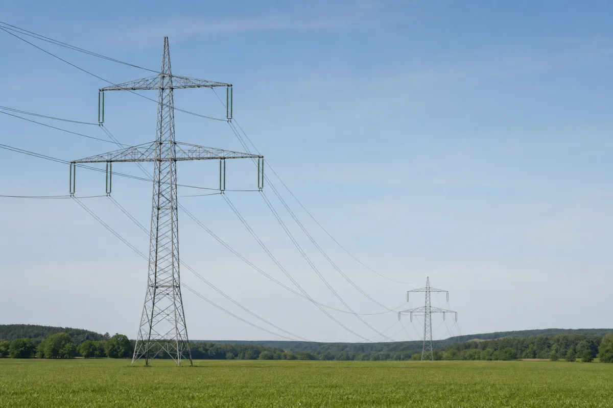 Hochspannungsfreileitung mit Stahlgittermasten und Leiterseilen