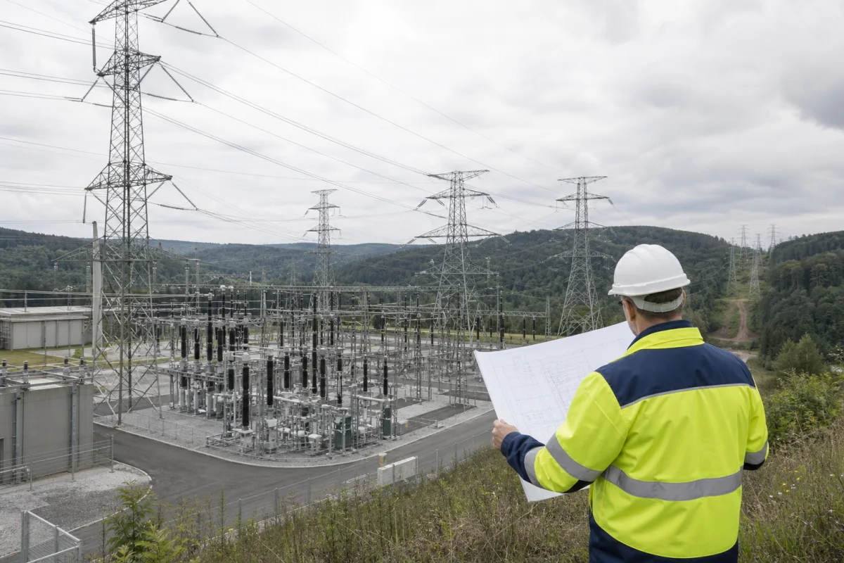 Projektfachkraft vor einem Umspannwerk und Hochspannungsfreileitungen