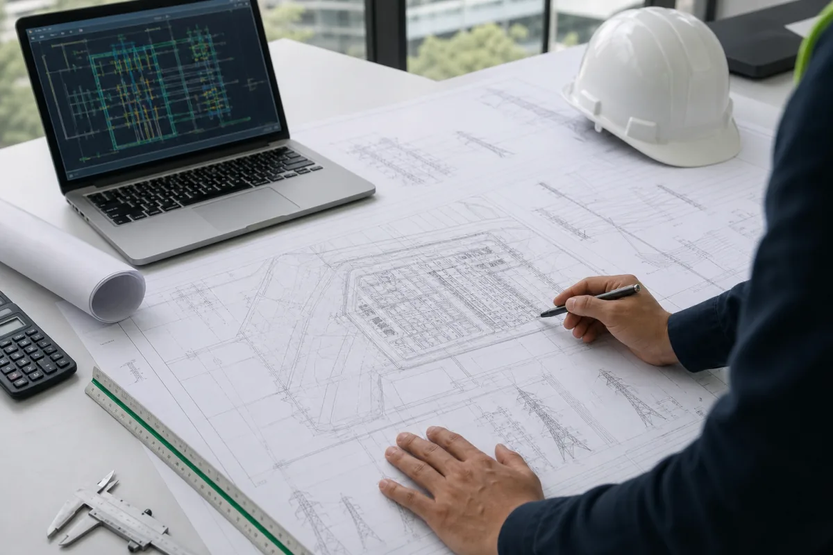 Technische Primärplanung mit Anlagenlayout und Hochspannungszeichnungen