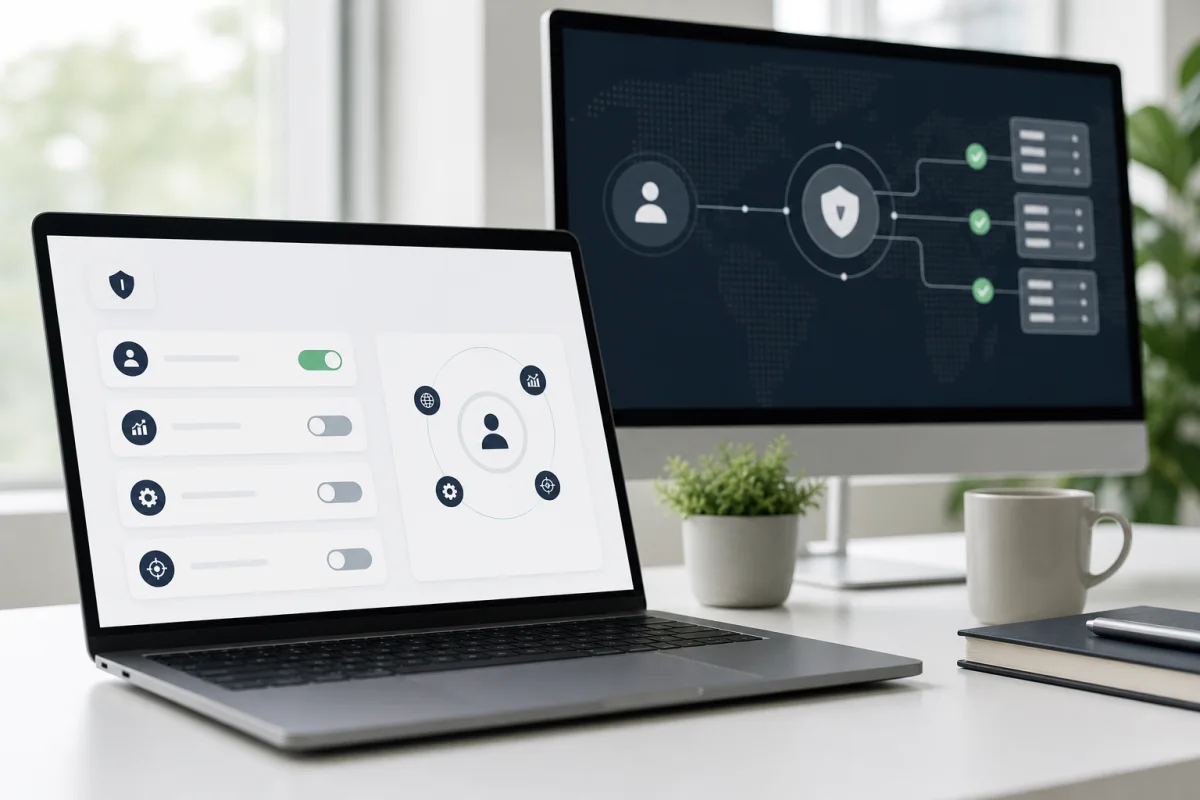 Privacy settings and controlled data flows displayed on two screens