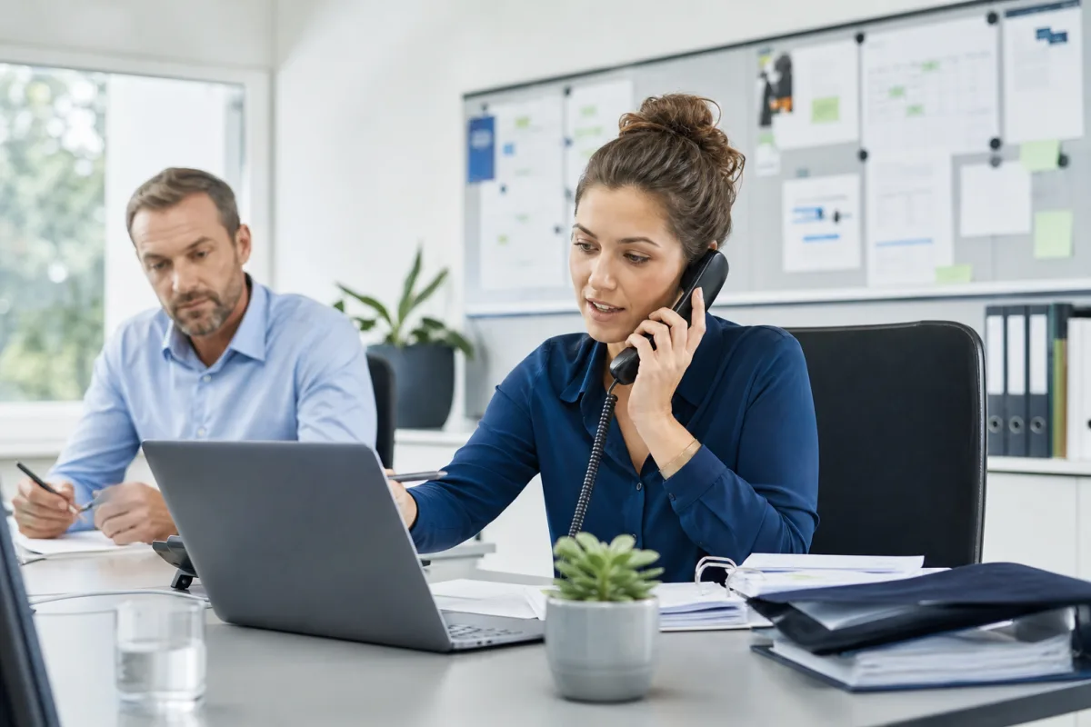 Project assistant coordinating a client conversation and digital project tasks