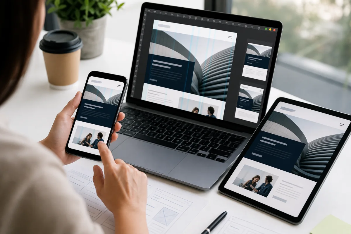 Qualitätssicherung einer responsiven Website auf Smartphone, Tablet und Laptop