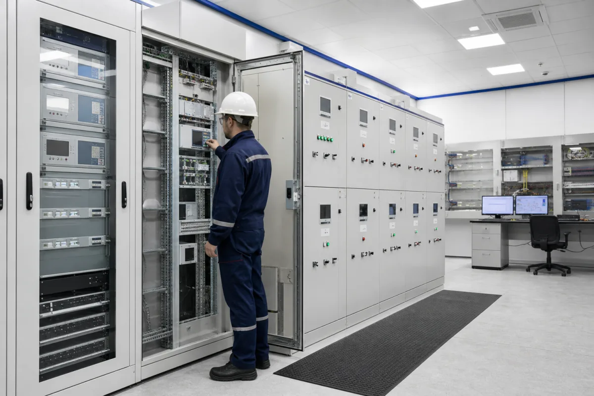 Schutz- und Leittechnik in einem modernen Anlagenkontrollraum