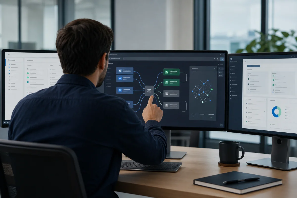 Softwarearchitekt verbindet Geschäftssysteme, Datenflüsse und einen KI-Baustein