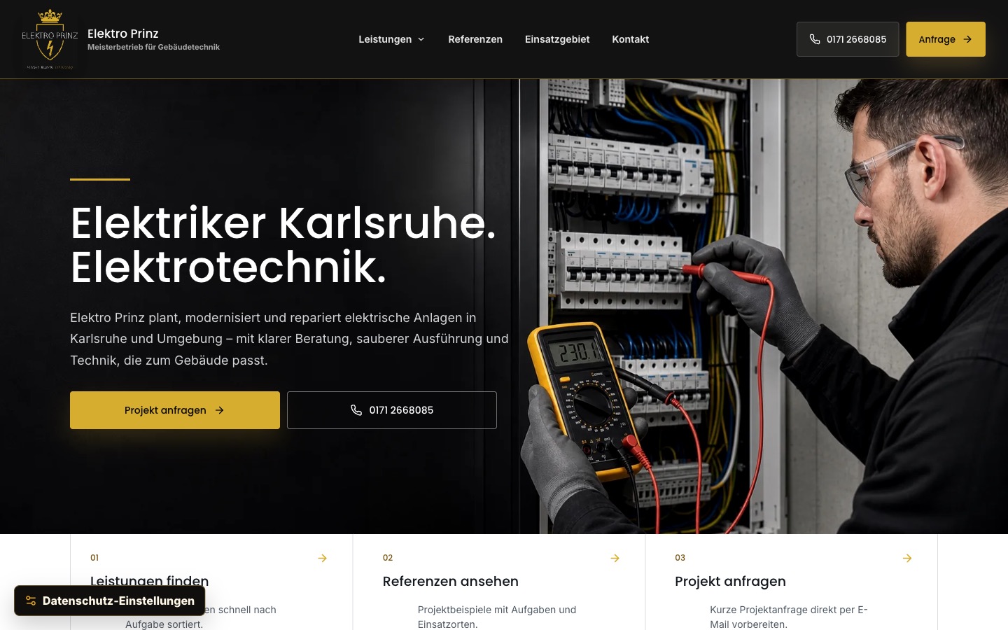 Von Reiz Consulting gestaltete Startseite von Elektro Prinz für Elektrotechnik in Karlsruhe und Umgebung