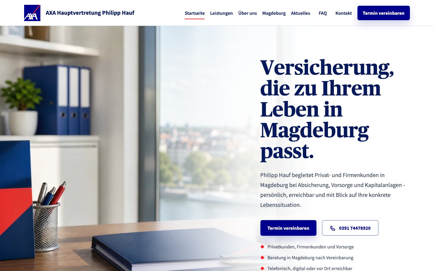 Von Reiz Consulting gestaltete Startseite der AXA Hauptvertretung Philipp Hauf in Magdeburg