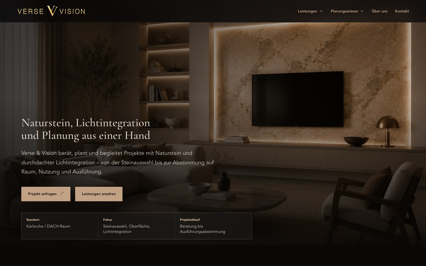 Verse & Vision homepage designed by Reiz Consulting for natural stone and lighting planning
